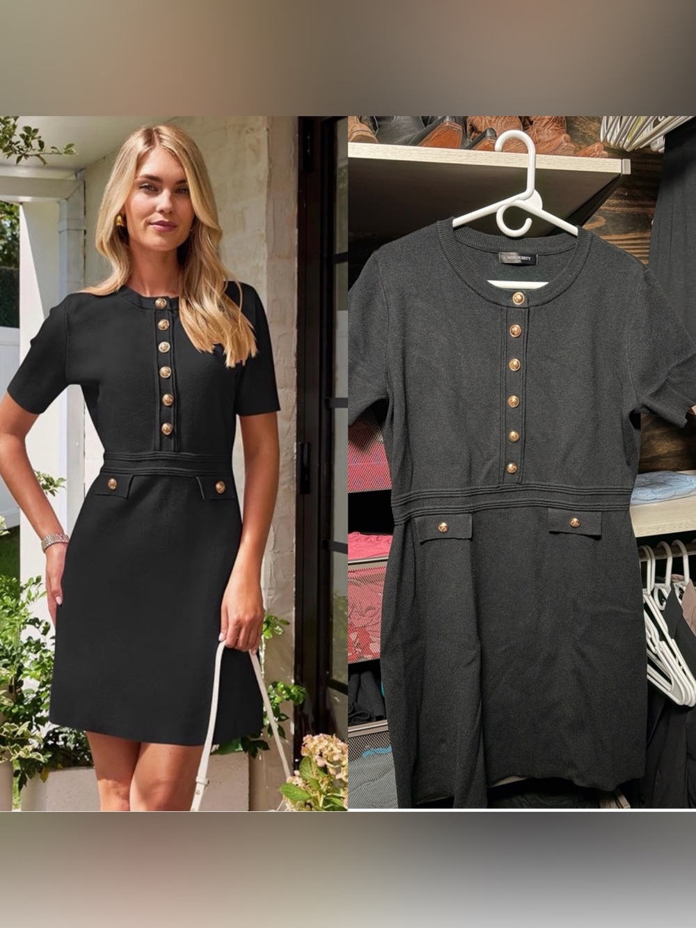 Black Short-Sleeve Midi Dress with Gold Button Accents